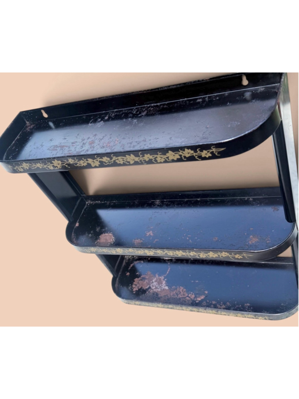Vintage Black Metal Wall Shelf 3 Tier Gold Ivy Spice Rack Chippy Patina Cottage - Picture 9 of 10